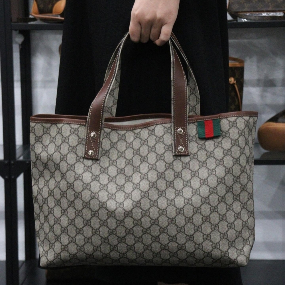 Authentic Gucci GG Plus Monogram Supreme Signature Sherry Web Loop Tote Bag